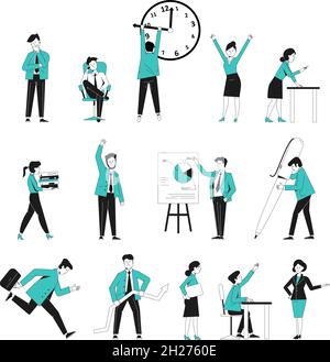 Beschreiben Sie Geschäftsfiguren. Büroleute, weiblich männlich bei der Arbeit. Startup oder Unternehmer, Manager Frist. Unternehmenspräsentation, aktuelle Position Stock Vektor