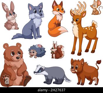 Cartoon Waldtier. Natur Tiere, Wald niedlichen Eichhörnchen, Wolf, Bär. Roter Fuchs und Maus für Kinder drucken oder Aufkleber. Zoo wild grellen Vektor Stock Vektor