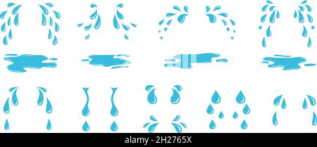 Cartoon Tränen. Flache Wassertropfen, Tropfen Schwitzen oder Weinen. Isolierte blaue Regenelemente, Tröpfchen und Pfütze. Verzweiflung Emotionen genaue Vektor gesetzt Stock Vektor