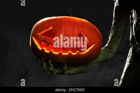 3d Illustration von schwarzem Zombie auf einem schwarz grauen Friedhof mit Halloween Kürbissen, Kerzen und trockenen Bäumen. Beängstigende Atmosphäre. Stockfoto