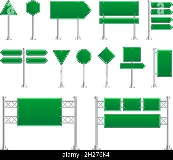 Grünes Straßenschild. Schilder, Metall-Autobahn und Straßenschilder. Stadtverkehr leere Banner, Weg Richtung isoliert genaue Vektor-Sammlung Stock Vektor