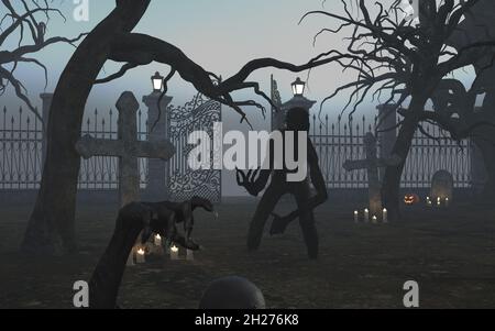 3d Illustration von schwarzem Zombie auf einem schwarz grauen Friedhof mit Halloween Kürbissen, Kerzen und trockenen Bäumen. Beängstigende Atmosphäre. Stockfoto