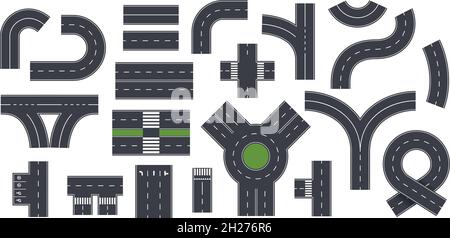 Isolierte Straßenelemente. Highway Lane, Asphaltstraße mit Crosswalk. Straßenrand, Draufsicht Stadtplan Weg mit Kurven und Kreisen genaue Vektor-Set Stock Vektor