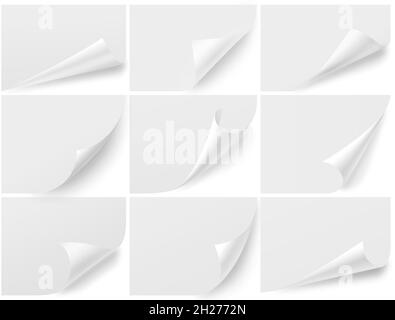 Gewellte Ecken leere Blätter. Isoliertes Papiermockup, gewellte Notizseite. Umdrehbare, realistische Notizaufkleber mit gebogenem Effekt und exakten Vektorfliegern Stock Vektor