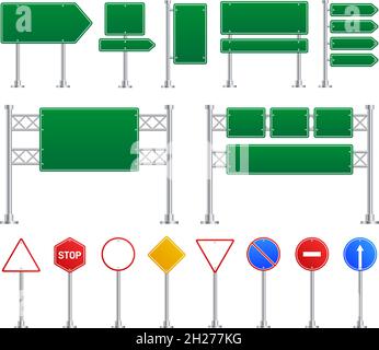 Leeres Straßenverkehrsschild. Straßenschilder, isolierte Straßenautobretter. Grüne, gelbe und rote Stoppelemente, diverse leere exakte Vektorsymbole Stock Vektor
