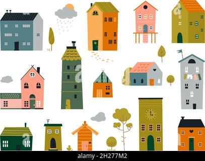 Niedliche kleine Häuser. Backsteinhaus, Cartoon-Gebäude. Doodle kleines Haus, trendige skandinavische Straßenlandschaft Klassische Vektor-Objekte gesetzt Stock Vektor