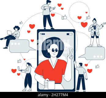 Beeinflussung des Marketings. Soziale Einflüsse, Frauen beliebt in den Medien. Digitale Person im Smartphone und Publikum. Internet-Blogger aktuelle Vektor-Szene Stock Vektor