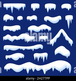 Schneekappen. Winter Weihnachten gefrorene Eiszapfen, Cartoon weihnachten verschneite Elemente. Kaltes Wetter, Schneefall Cap-Effekt. Saisonales dekoratives garish Vektor-Set Stock Vektor
