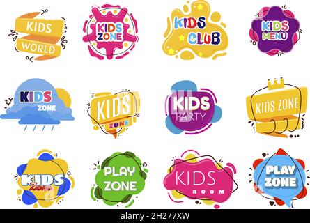 Kinderzonenbeschriftungen. Logo für Kinder, Banner für Kinderzimmer. Helle kindliche Spielelemente, Party- oder Fun-Area-Abzeichen. Typografie Kinder anständige Vektorzeichen Stock Vektor