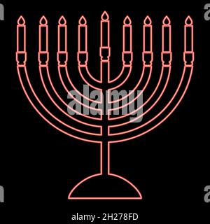 Neon Menorah für hanukkah Symbol schwarze Farbe im Kreis Umriss Vektor Illustration rot Farbe Vektor Illustration flach Stil Licht Bild Stock Vektor