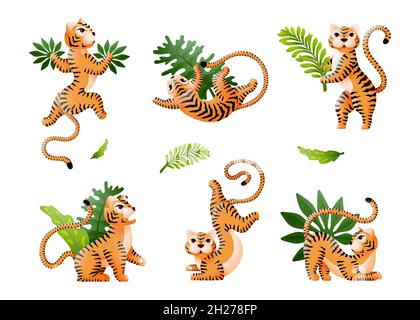 Wilder Tiger. Niedliche chinesische Tiger, isolierte Wildkatzen und tropische Blätter. Neujahr Symbole, gestreift wütend Tiere Aufkleber swanky Vektor Sammlung Stock Vektor