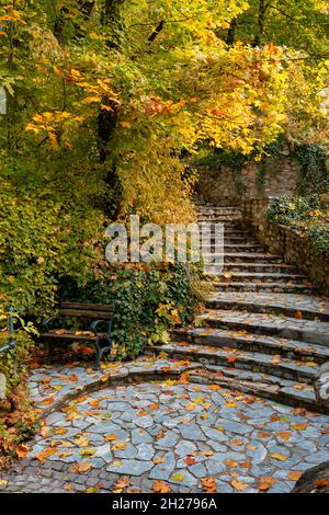 Bank und Treppe in schönen bunten hängenden Garten des Palastes in Lillafared Ungarn Herbst Saison im Nationalpark Bukk Stockfoto