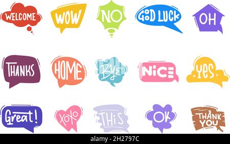 Handgezeichnete Sprechblasen. Elemente in Blasenform, positive Comic-Botschaften. Handgeschriebene Etiketten, flache abstrakte bunte Tags anständige Vektor-Set Stock Vektor