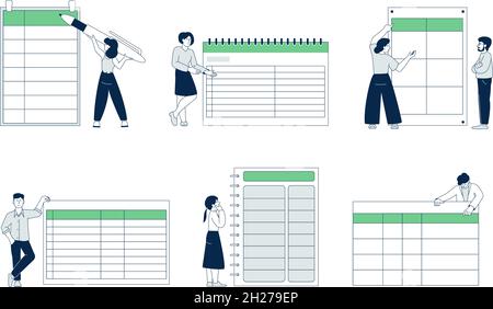 Menschen mit Planern. Business Planner leere Vorlage, Frau und Task Board. Manager arbeiten Strategie, Agenda Diskussion aktuelle Vektor-Szenen Stock Vektor