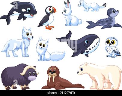Arktische Tiere. Cartoon Polar Wolf, Tier Tundra. Weißer Bär und Fuchs, niedliche kalte Robbe. Winter isoliert kindisch grellen Vektor Nordpol Zeichen Stock Vektor