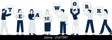 Teamarbeit zusammen. Team Art Projekt, Menschen zusammenarbeiten. Business Start-up-Arbeitsteam, Kommunikation der Mitarbeiter. Büromitarbeiter haben kürzlich Vektorzeichen erhalten Stock Vektor