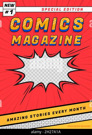 Cover-Comic. Lustige Superhelden Magazin, bearbeiten Seite mit Titel. Kunst Grafik Poster, lustige Kinder oder Jugendliche Unterhaltung anständige Vektor-Vorlage Stock Vektor