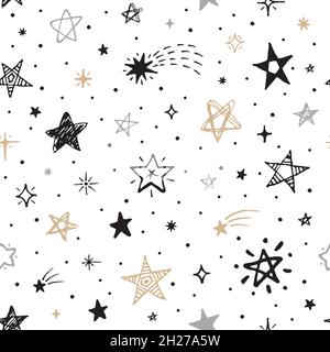Skizze Sterne nahtloses Muster. Schwarzer Stern, Weihnachtsgalaxie im Weihnachtsdruck. Isolierte Doodle fallende Elemente, grunge scribble Kometen ordentlich Vektor Stock Vektor