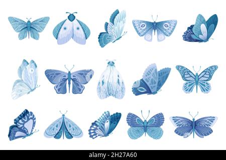 Fliegender Schmetterling. Isolierte blaue Schmetterlinge, magische Motte. Abstrakte künstlerische Insekten, helle Frühlings-Sommer-Symbole. Dekorative, schwülige Vektorkollektion Stock Vektor