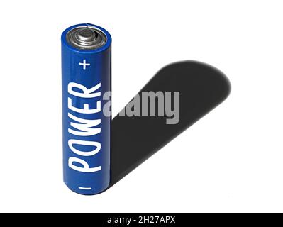 Blaue AA-Batterie mit dem Wort Power steht vertikal auf weißem Hintergrund und wirft einen Schatten Stockfoto