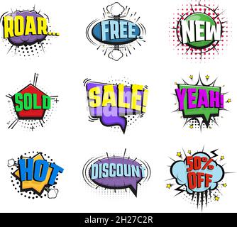 Promo-Sprechblasen. Flache Blase, Verkauf Tags Rahmen und Cartoon-Explosion. Discount Labels, Comic Dialog Art Banner. Cartoon anständige Vektor-Aufkleber Stock Vektor