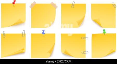 Gelbe klebrige Aufkleber. Notieren Sie sich Büroaufkleber, Notizpapiere mit Stiften. Verschiedene Blätter gewellte Kante, isolierte farbige Seiten für Board Exact Vektor Stock Vektor