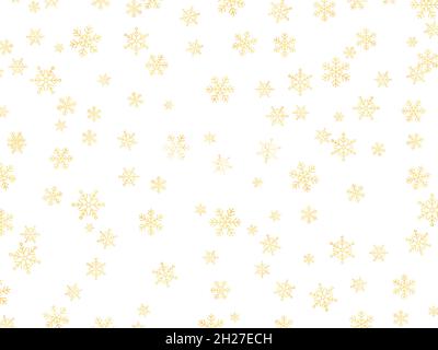 Goldene Schneeflocken vor weißem Hintergrund. Vorlage für Weihnachtskonfetti. Winterhintergrund mit fallenden goldenen Schneeflocken. Festliches Design für Poster. Vektor Stock Vektor