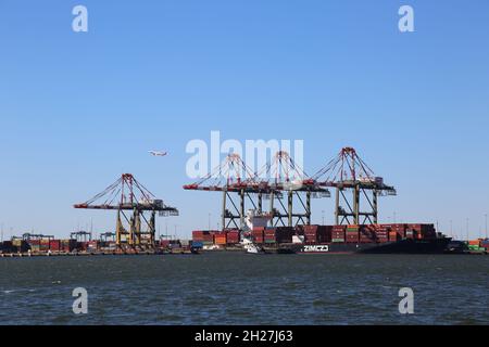 Bayonne, USA. Oktober 2021. Am 19. Oktober 2021 werden Container im Logistikprozess am Maher Terminal der Port Authority of New York und New Jersey in Bayonne, New Jersey, USA, gesehen. Die Vereinigten Staaten sind in den letzten Monaten von Störungen der Lieferkette geplagt worden, und das Weiße Haus hat den Hafen von Los Angeles gebeten, ein 24-Stunden-Hafen zu werden, der sieben Tage die Woche geöffnet ist. Mit dem Ansatz der Feiertage, bei denen die Nachfrage im ganzen Land ansteigt, bleibt die schifffahrtsbasierte Lieferkette jedoch weiterhin unter Druck. Quelle: Liu Yanan/Xinhua/Alamy Live News Stockfoto