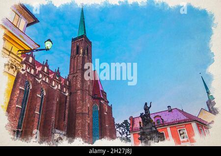 Aquarell Zeichnung des Denkmals und Straßenbeleuchtung auf Platz und Collegiate katholische Kirche des Heiligen Kreuzes mit Kirchturm im alten historischen Stadtzentrum Ostrow Stockfoto