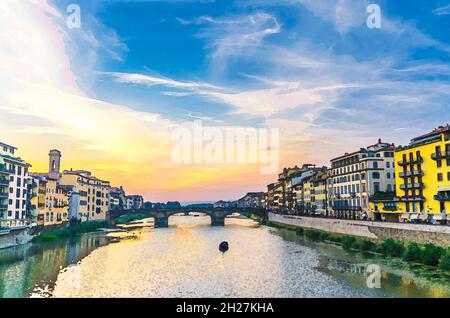 Aquarell-Zeichnung der St Trinity Bridge Steinbrücke und Boot auf dem Arno Fluss Wasser und Promenade mit Gebäuden im Zentrum von Florenz Stadt, leuchtend blau Stockfoto