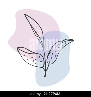 Blätter Zweig Silhouette, handgezeichnete Tinte Pinsel Strich Design, botanische Poster, minimal boho Stil Cliparts, abstrakte Punktformen, blau, rosa Palette Stock Vektor