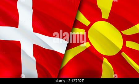 Dänemark und Nord-Mazedonien Flaggen. 3D-Design mit winkender Flagge. Nordmakedonien Dänemark Flagge, Bild, Tapete. Bild Dänemark vs. Nordmakedonien, 3D-Rendering Stockfoto