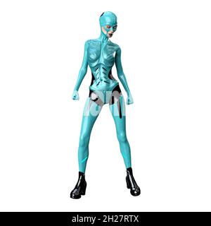Cyborg Woman auf isoliertem weißem Hintergrund, 3D Illustration, 3D Rendering Stockfoto
