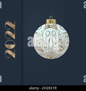Neujahrskarte 2022 im orientalischen Stil. Weihnachtskugel in türkisgrüner Farbe, Goldziffer 2022 auf dunkelblauem Hintergrund. Plase für Text. Illustration Stockfoto