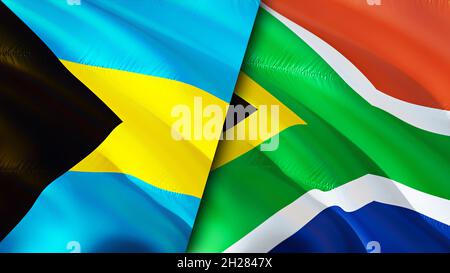 Flagge der Bahamas und Südafrikas. 3D-Design mit winkender Flagge. Bahamas Südafrika Flagge, Bild, Tapete. Bild von Bahamas vs. Südafrika, 3D-Rendering. Baha Stockfoto