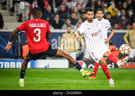 Suso vom FC Sevilla während der UEFA Champions League, des Fußballspiels der Gruppe G zwischen LOSC Lille und dem FC Sevilla am 20. Oktober 2021 im Pierre-Mauroy-Stadion in Villeneuve-d'Ascq bei Lille, Frankreich - Foto: Matthieu Mirville/DPPI/LiveMedia Stockfoto