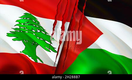 Libanon und Palästina Flaggen mit Narbenkonzept. Winkende Flagge, 3D-Rendering. Konfliktkonzept Libanon und Palästina. Libanon Palästina Beziehungen Konzept. Stockfoto