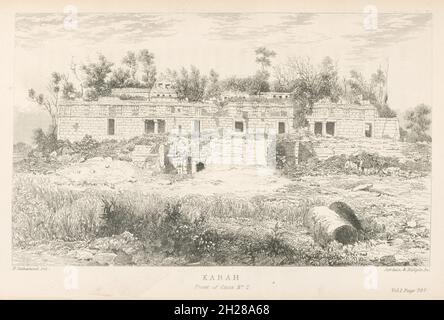 Gravur von El Palacio in den Maya-Ruinen von Kabah, Yucatan, Mexiko, von Frederick Catherwood aus dem Buch Incidents of Travel in Yucatan von John Lloyd Stephens, das erstmals 1841 veröffentlicht wurde Stockfoto