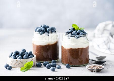 Chia-Samenpudding mit Kakao und Joghurt in einem Glas auf grauem Betonboden. Gesunde vegetarische Snacks Stockfoto