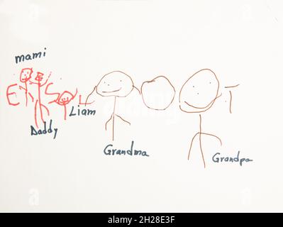 Bildung Vorschule Kinder im Alter von 4-5 Jahren Kunstwerke, die Familien und Familienbeziehungen darstellen, erkennbare menschliche Figuren Stockfoto