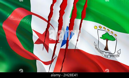 Algerien gegen Äquatorialguineafahne mit Narbenkonzept. Algerien und Äquatorialguinea zwei Flaggen, 3D-Rendering. Algerien Flagge und Äquatorialguinea Flagge re Stockfoto