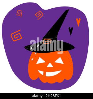 Orangefarbener Kürbis an Halloween in einem schwarzen Hexenhut und zwei Herzen auf purpurem Hintergrund. Vektorgrafik Stock Vektor