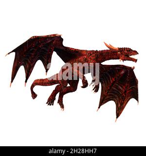 Red Scale Dragon auf isoliertem weißem Hintergrund, 3D-Illustration, 3D-Rendering Stockfoto