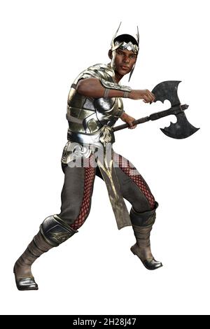 Mittelalterlicher Fantasy-POC-Krieger King man mit Schwert auf isoliertem weißem Hintergrund, 3D-Illustration, 3D-Rendering Stockfoto