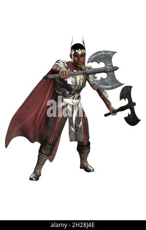 Mittelalterlicher Fantasy-POC-Krieger King man mit Schwert auf isoliertem weißem Hintergrund, 3D-Illustration, 3D-Rendering Stockfoto
