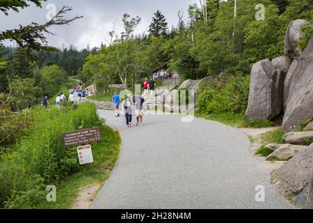 Parkgäste können zu Fuß zum Clingman's Dome Tower und zum Parkladen im Smoky Mountains National Park gehen Stockfoto