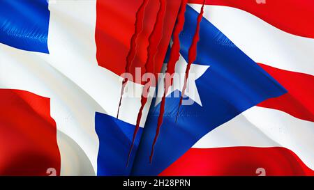 Dominicana und Puerto Rico Flaggen mit Narbenkonzept. Winkende Flagge, 3D-Rendering. Konflikt zwischen Puerto Rico und der Dominikanischen Republik. Dominikanische Republik Stockfoto