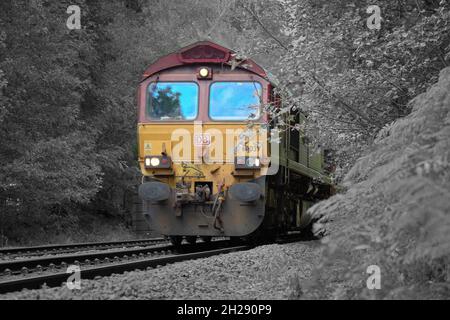 Die Diesellokomotive der Baureihe 66 transportiert Fracht durch die englische Landschaft, Eckington, North East Derbyshire Stockfoto