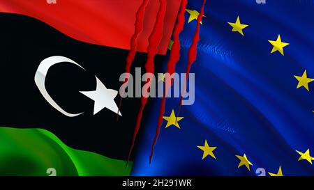 Libyen und die Europäische Union Flaggen mit Narbenkonzept. Winkende Flagge, 3D-Rendering. Konfliktkonzept der Europäischen Union und Libyens. Beziehungen der Europäischen Union in Libyen Stockfoto