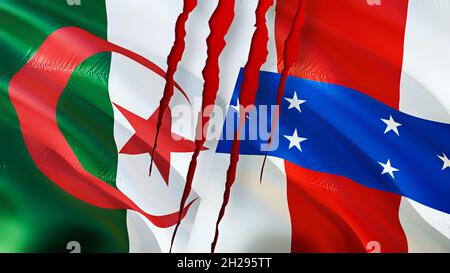 Flagge von Algerien gegen Niederländische Antillen mit Narbenkonzept. Algerien und Niederländische Antillen zwei Flaggen, 3D-Rendering. Flagge Algeriens und Niederländische Antille Stockfoto